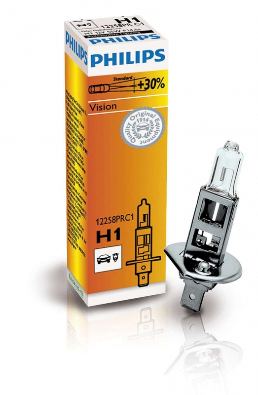 Автолампа H1 "Philips", Vision, +30%, 12V, 55W, 3200K