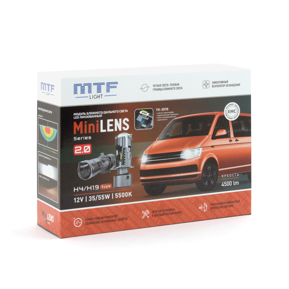 Комплект светодиодных ламп H4/H19 "MTF", MiniLENS, 12V, 30/45W, 4500lm, 5500K
