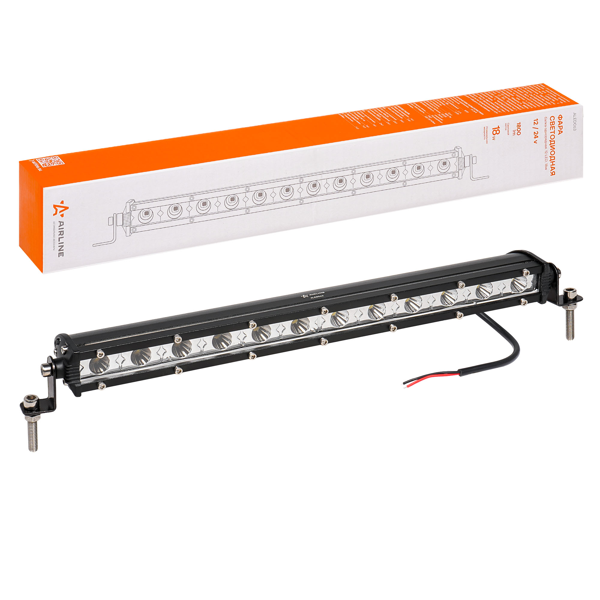 Фара светодиодная (балка) однорядная, 12LED, направленный свет, 18W (343x30x47) 12/24V