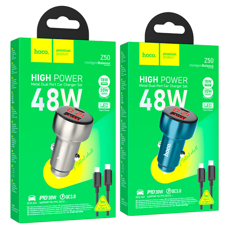 Зарядное устройство для 1 USB+Type-C "Hoco", автомобильное, быстрая зарядка