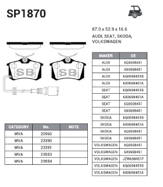 Колодки тормозные VW Passat CC/ Golf V, VI/ A4 04-07/ A6 Allroad/ Oct A5/ Superb "Sangsi" задние без