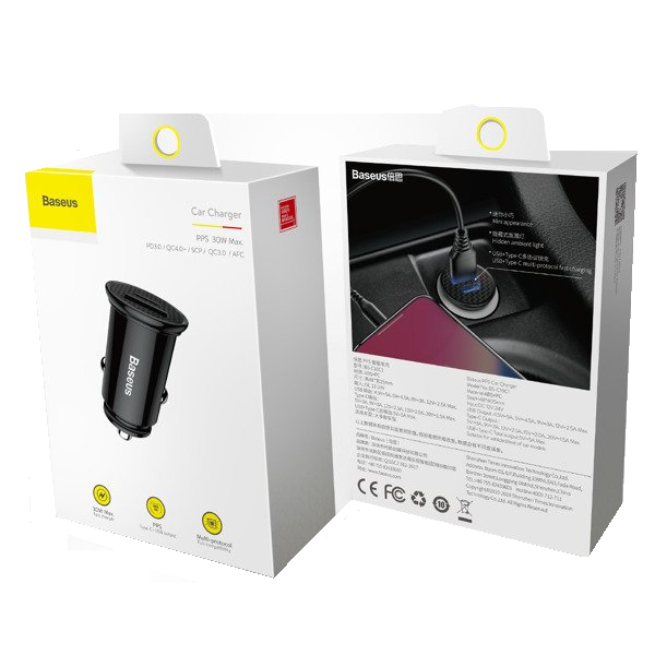 Зарядное устройство для 1 USB+Type-C "Baseus", автомобильное, быстрая зарядка